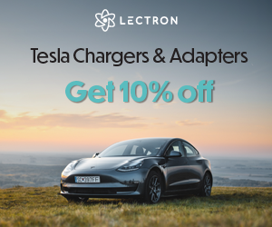 Lectron Tesla chargers and adapters ad showing Tesla outdoors